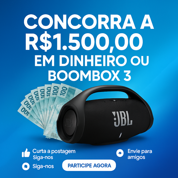 🎟️ Rifa Premiada! JBL Boombox 3 ou R$1500 no Pix! 🎟️